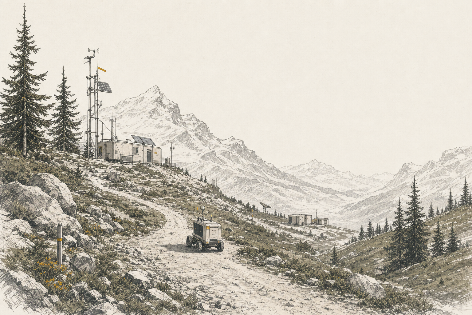 Gezeichnete Alpenlandschaft mit Forschungsstation, Sensoren und autonomem Fahrzeug